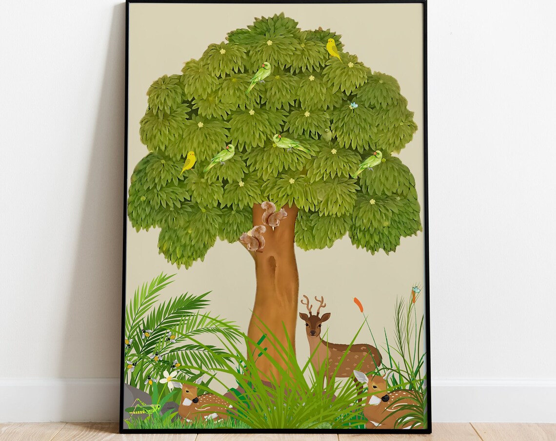 Indian Folk Art Tree of Life Painting Deer Parrots Botanical Wall Art