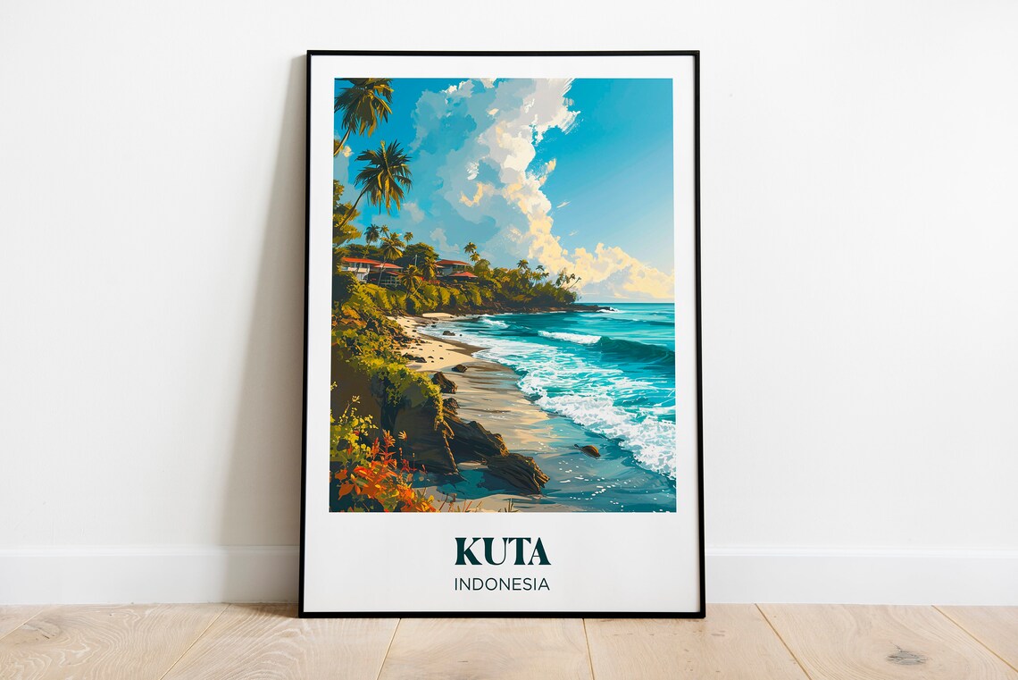 Kuta Indonesia Surf Beach Palms Tropical Coastline Travel Poster