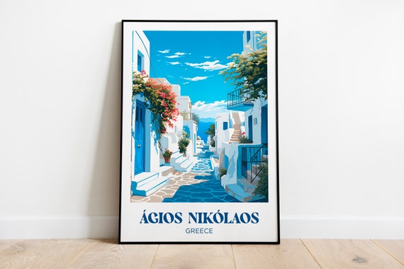 Gios Niklaos Travel Poster, Crete Greece Watercolor