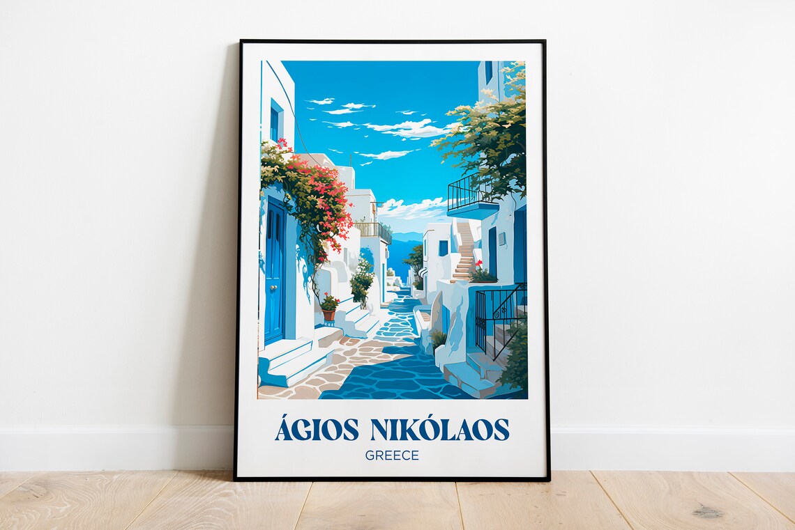 Gios Niklaos Travel Poster, Crete Greece Watercolor