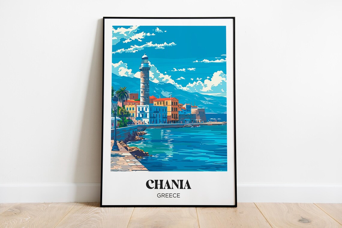 Chania Greece Venetian Lighthouse Old Harbor Retro Travel Poster