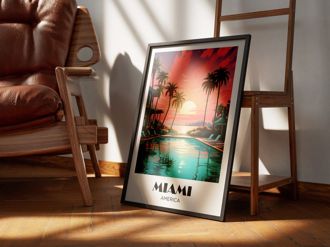 Miami Florida 80s Neon Sunset Pool Palm Retro Art Deco Travel Poster - Image 2