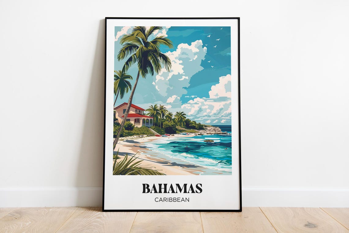 Bahamas Caribbean Beach House Palm Waves Kayaks Retro Travel Poster