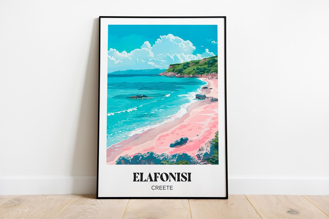 Elafonisi Crete Pink Sand Beach Turquoise Water Retro Travel Poster