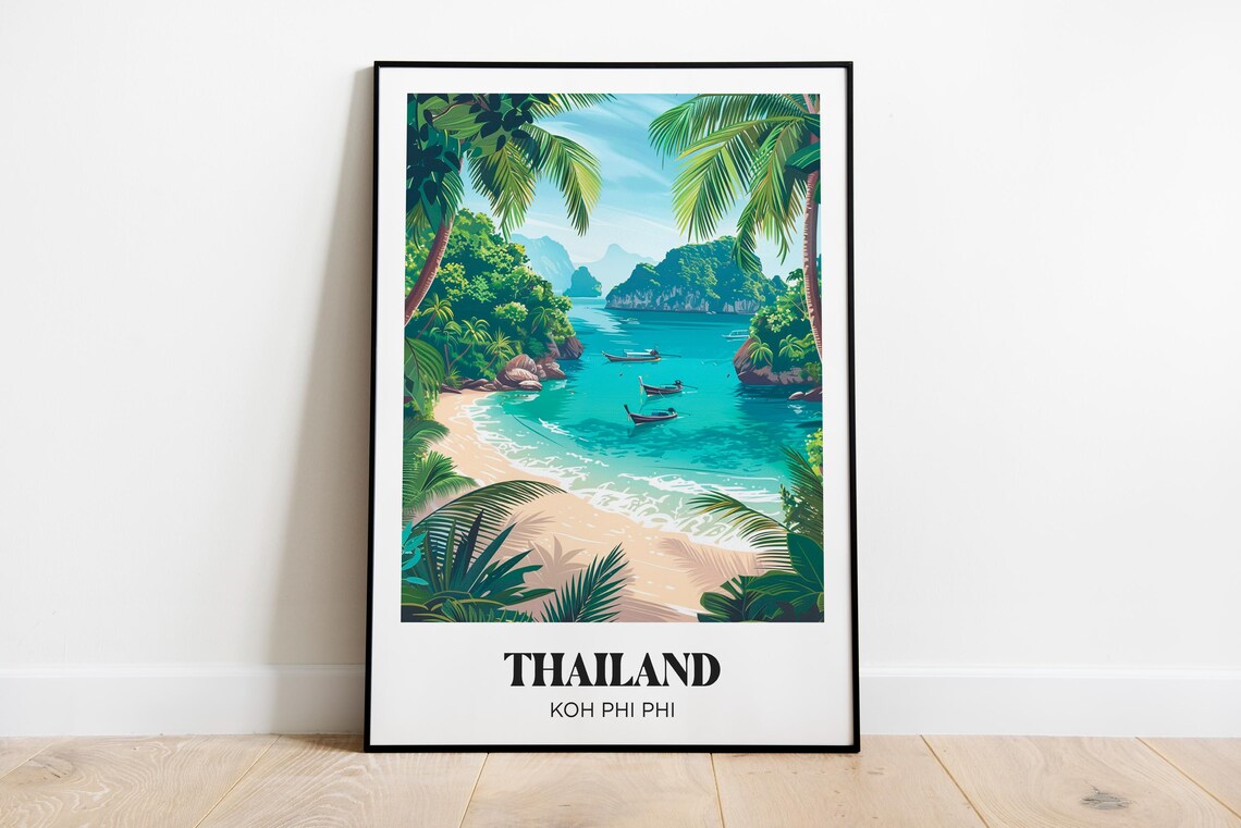 Thailand Koh Phi Phi Tropical Bay Longtail Boats Retro Travel Poster