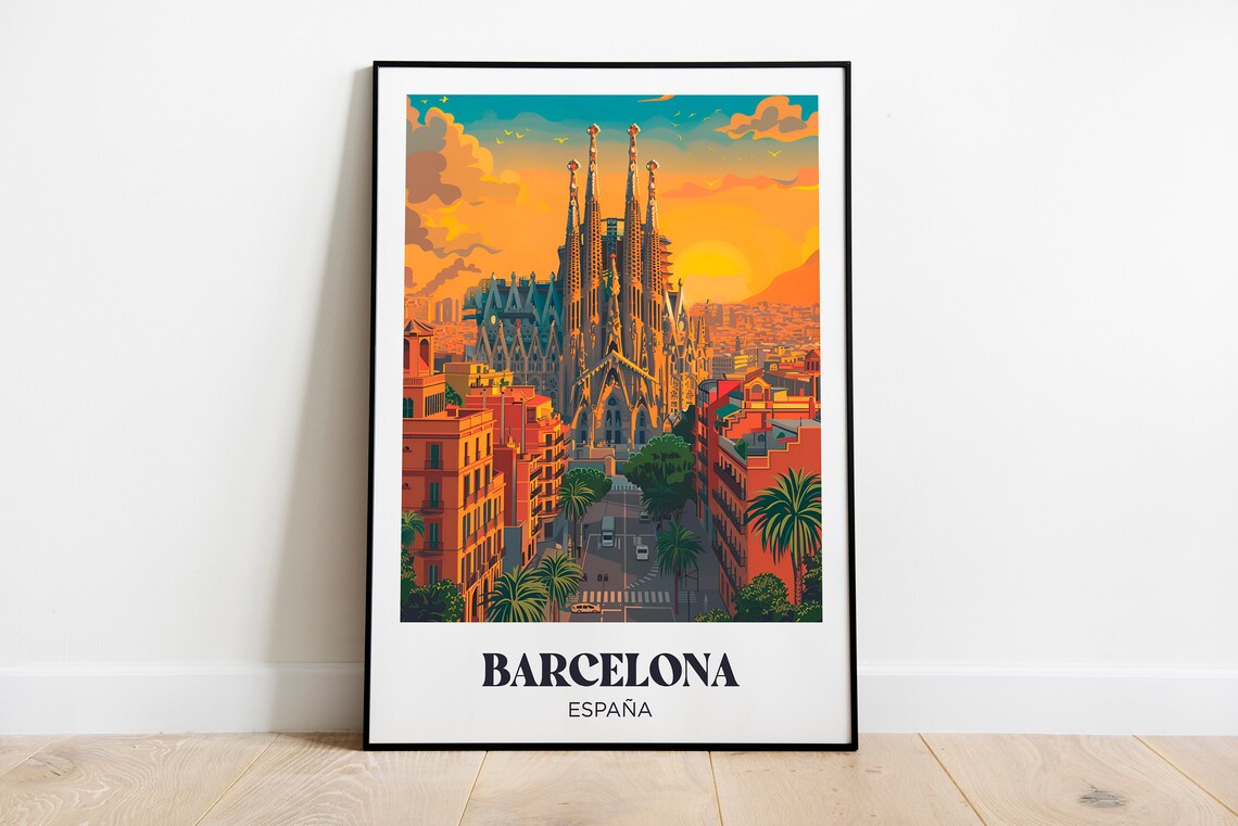 Barcelona Espana Sagrada Familia Golden Hour Street Travel Poster
