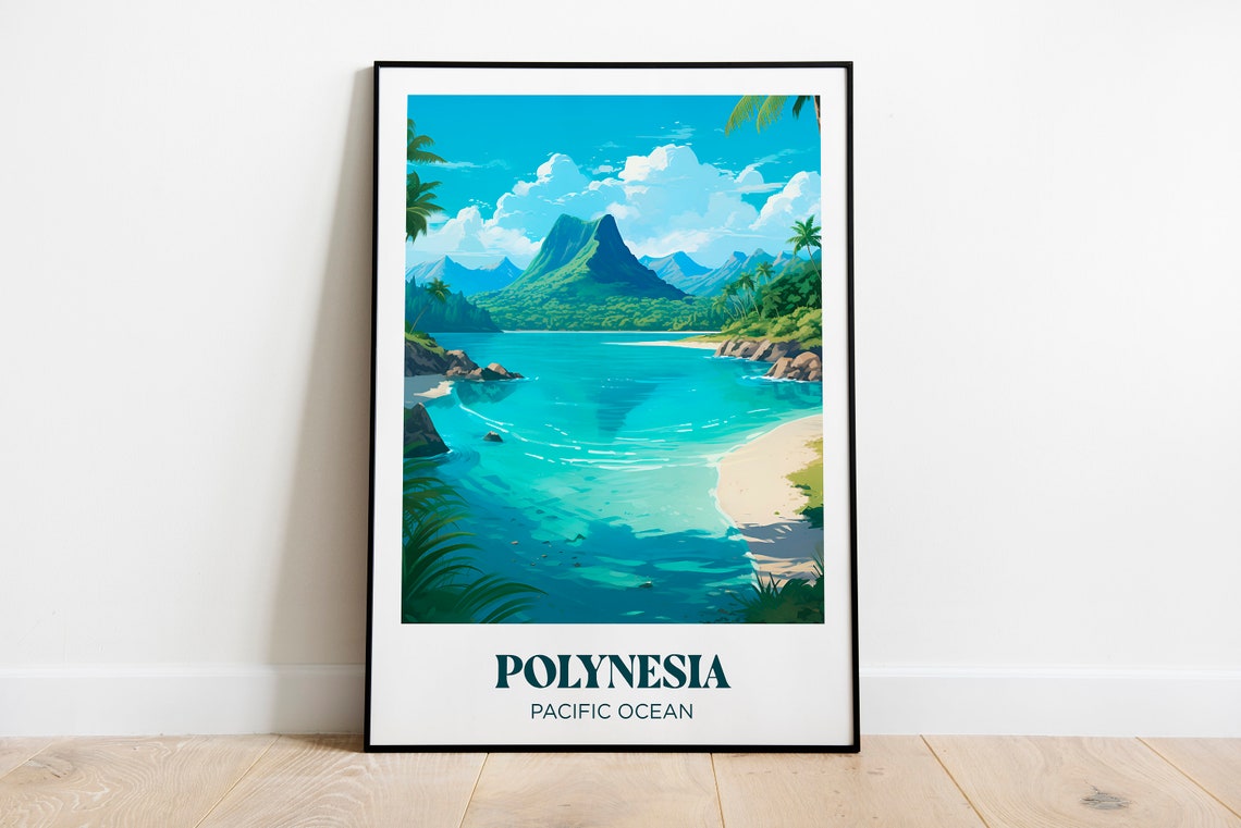 Polynesia Pacific Ocean Lagoon Volcanic Peak Beach Retro Travel Poster