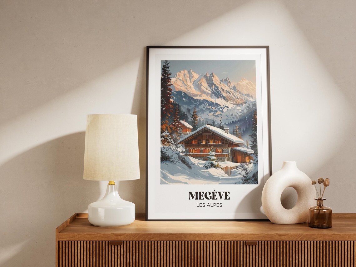 Megève French Alps Snowy Mountain Chalet Winter Travel Poster - Image 4