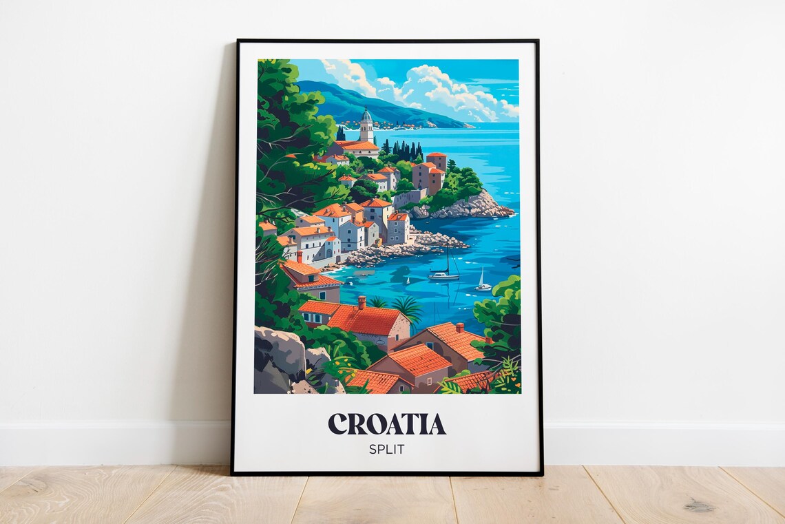 Split Croatia Coastal Town Red Roofs Sailboats Travel Poster