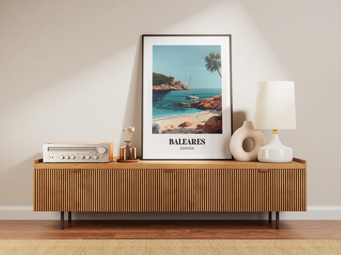 Baleares Spain Sailboat Cove Rocky Beach Turquoise Sea Travel Poster - Image 2