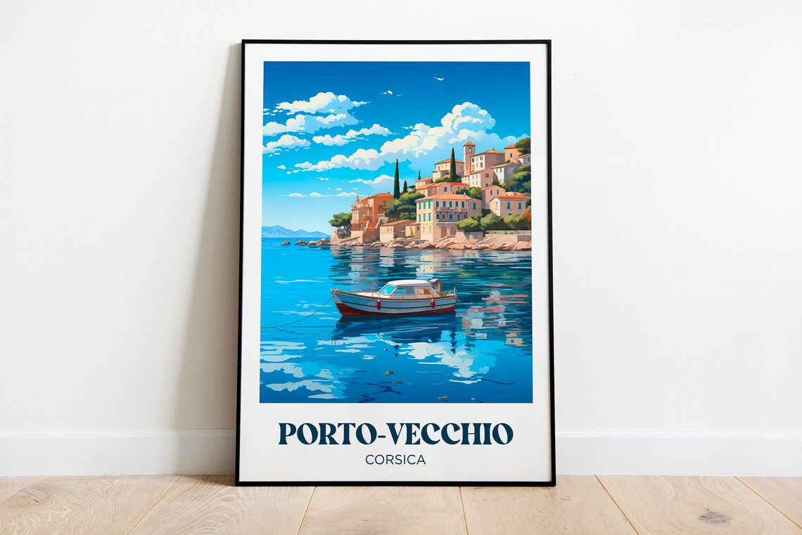 Porto Vecchio Corsica Hillside Town Motorboat Bay Retro Travel Poster