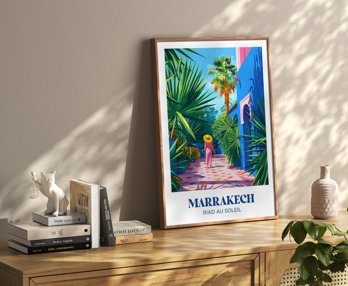 Marrakech Morocco Blue Riad Garden Palm Courtyard Travel Poster - Image 4