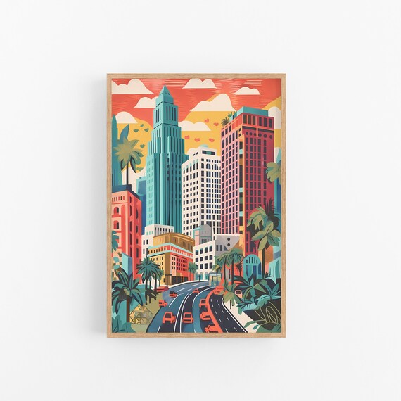 Los Angeles Sunset Downtown Skyline Modern Colorful City Poster