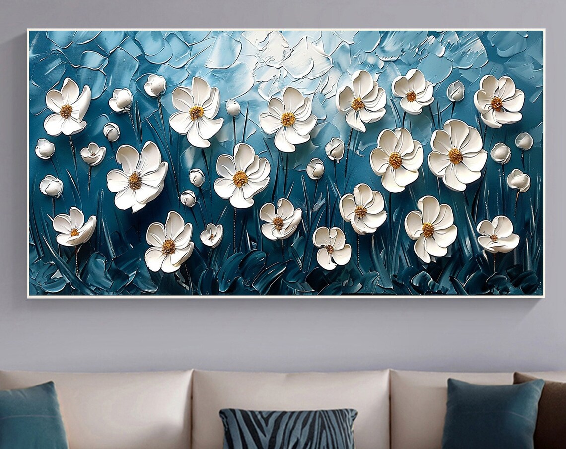 White Daisies on Bright Teal 3D Textured Floral Oil Painting Poster