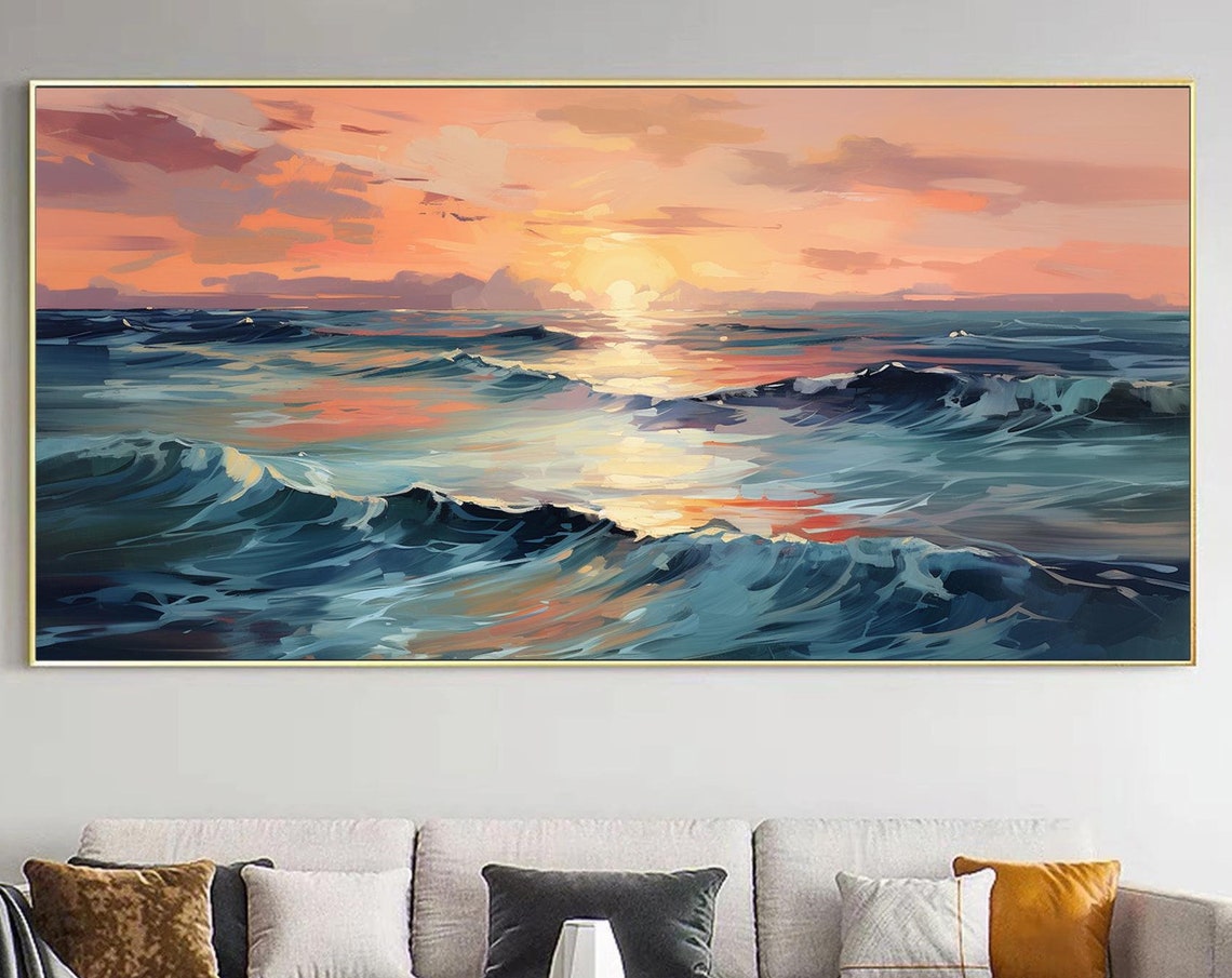 Peach Sky Sunset Ocean Waves Warm Glow Horizon Seascape Poster