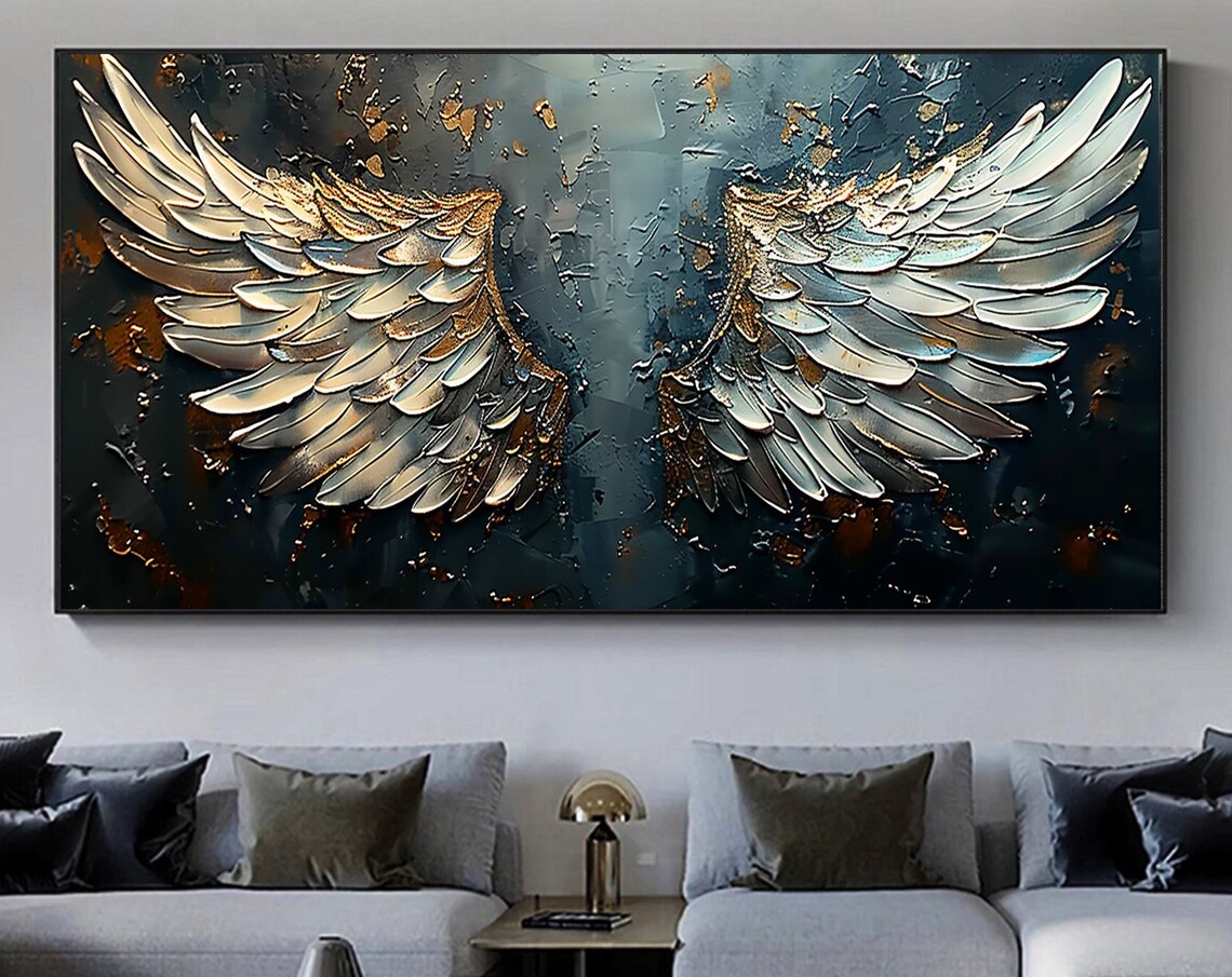 Large Angel Wing Oil Painting, Boho Wall Art Print