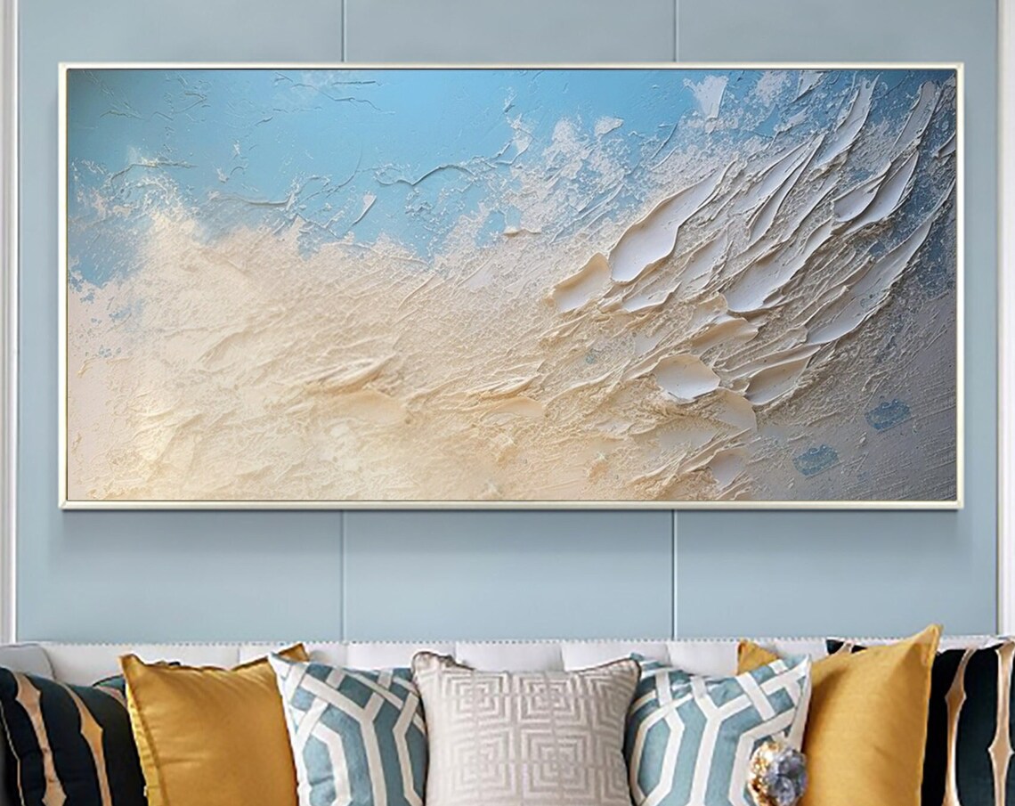 Ocean Wave Foam Abstract in Blue Cream Textured Oil Painting Poster