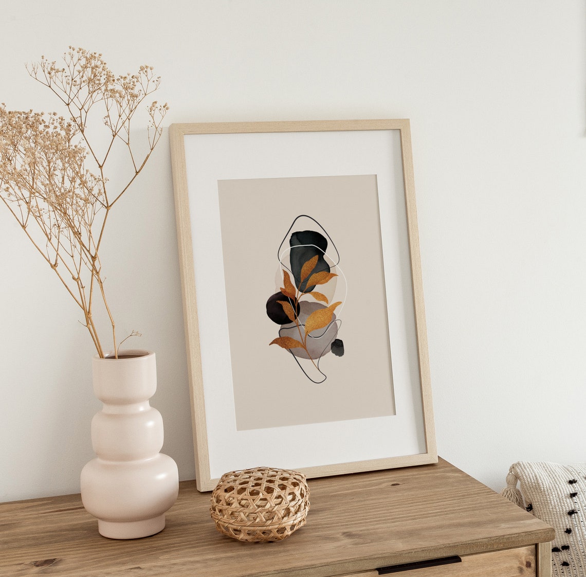 Abstract Botanical Black Beige Gold Leaf Minimalist Art Print - Image 3