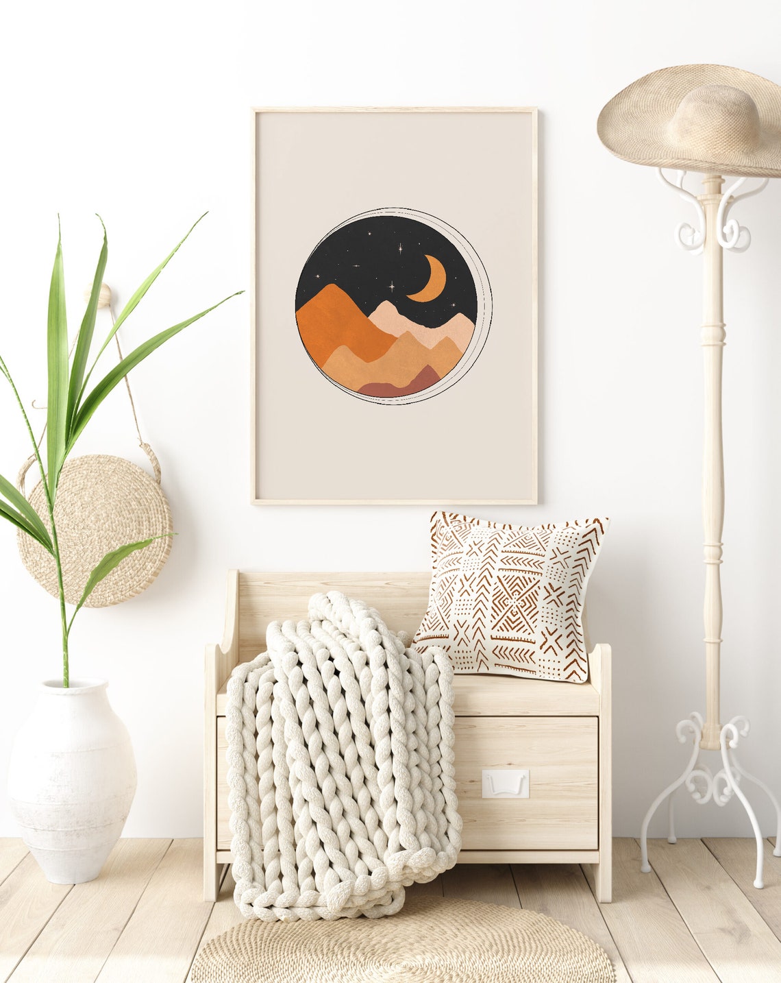 Night Mountains Moon Stars Circle Minimalist Celestial Wall Art - Image 3
