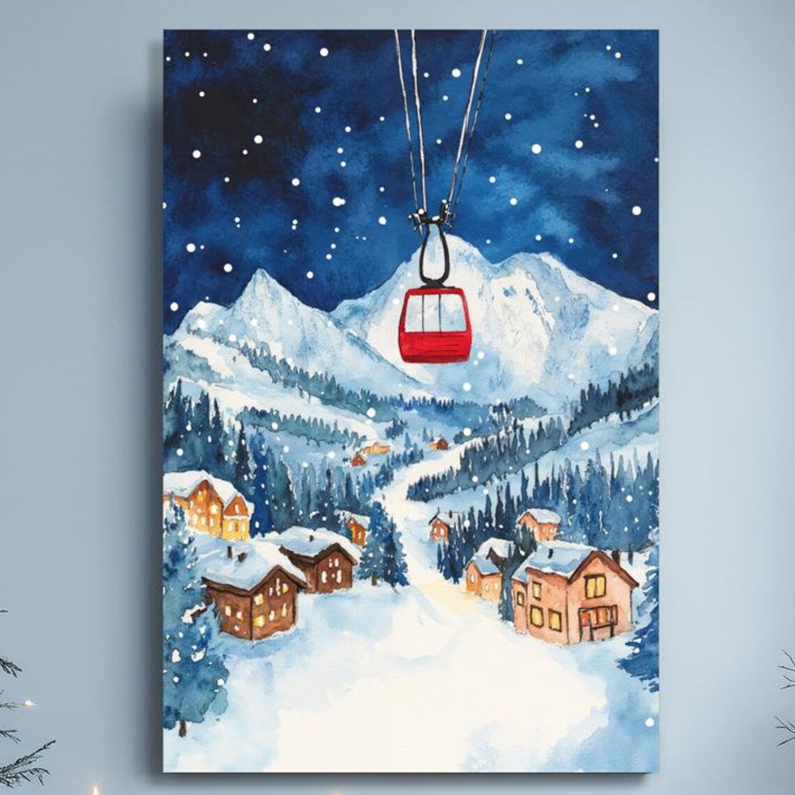 Snowy Ski Village at Night with Red Cable Car Watercolor Poster