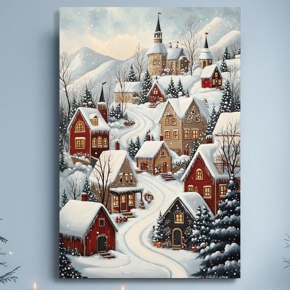 Snowy Christmas Village Cottages Church Steeples Winter Wonderland Print