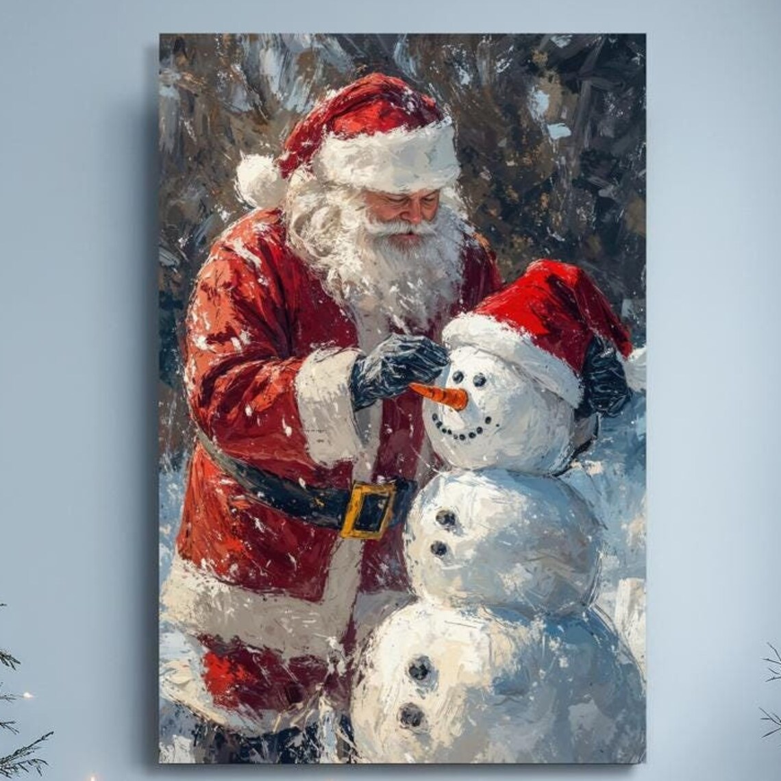 Santa Claus Building Snowman with Carrot Nose Christmas Poster
