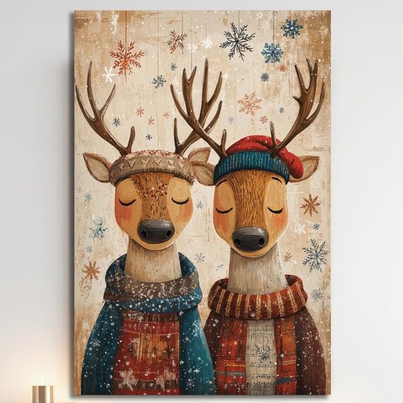 Two Reindeer In Winter Scarves Rustic Christmas Animal Wall Art