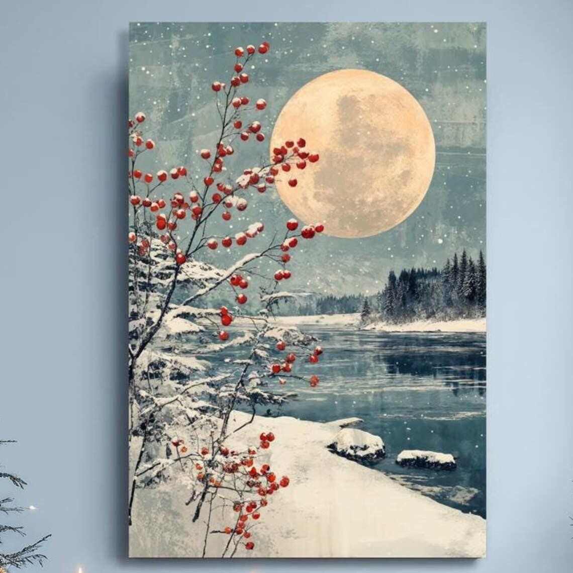 Winter Full Moon Over Frozen River Snowy Red Berry Branches Poster