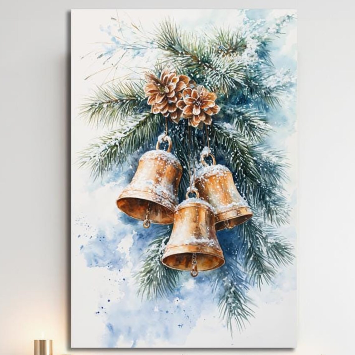 Christmas Bells Pine Cones Snowy Winter Watercolor Holiday Wall Art