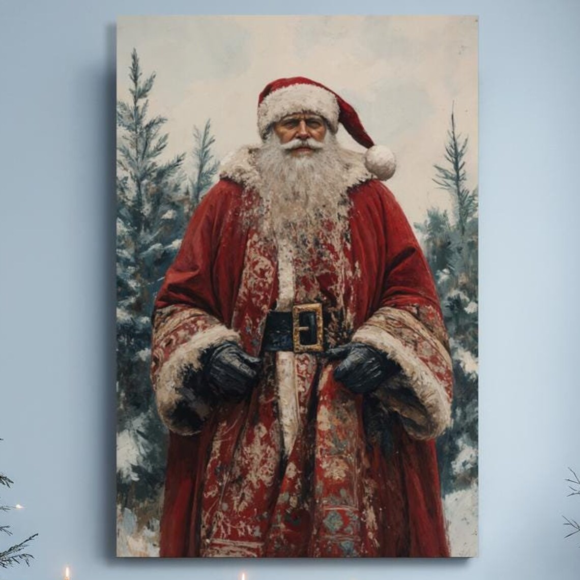 Vintage Santa Claus Portrait Traditional Red Coat Christmas Painting Poster