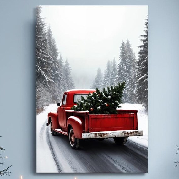Red Vintage Truck Hauling Christmas Tree Snowy Road Farm Wall Art