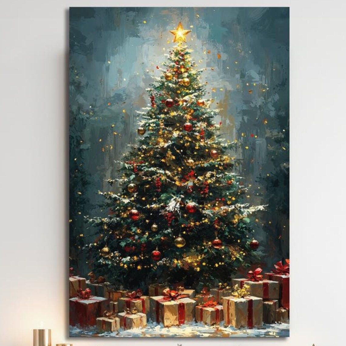 Moody Christmas Tree With Gifts And Golden Star Painterly Wall Art