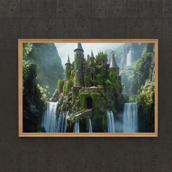 Fantasy Castle Waterfall Art Print Enchanted Gothic Landscape Mystical Fairytale Castle Wall Art Fantasy Decor
