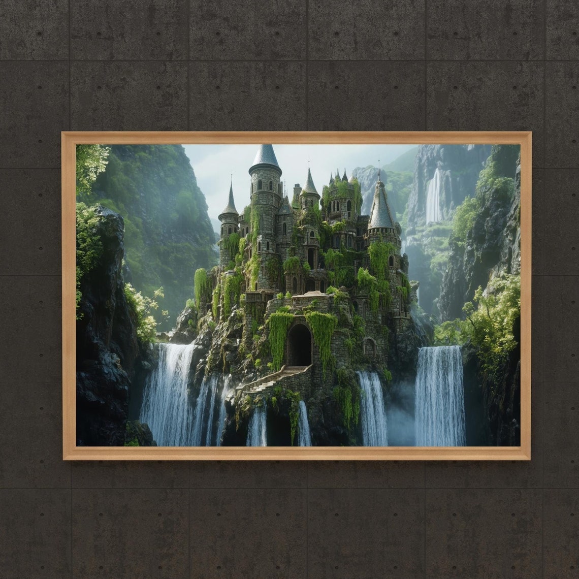 Fantasy Gothic Castle Waterfall Moss Covered Stone Fortress Poster