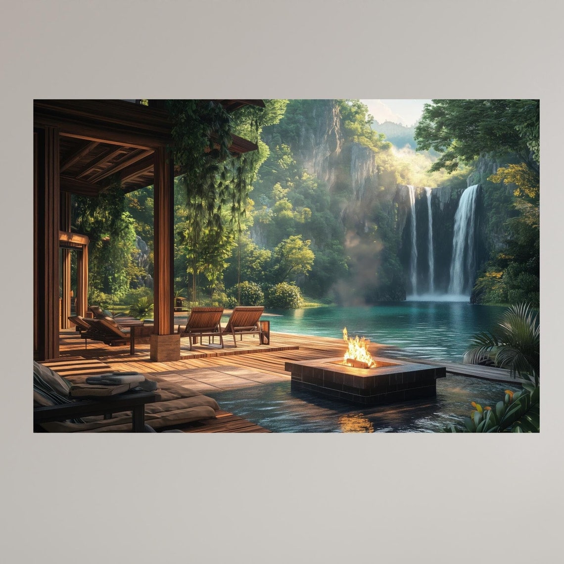 Luxury Jungle Villa Deck Fire Pit Twin Waterfall Lounge Chairs Poster