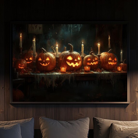 Glowing Jack O Lantern Row With Candles Halloween Night Poster