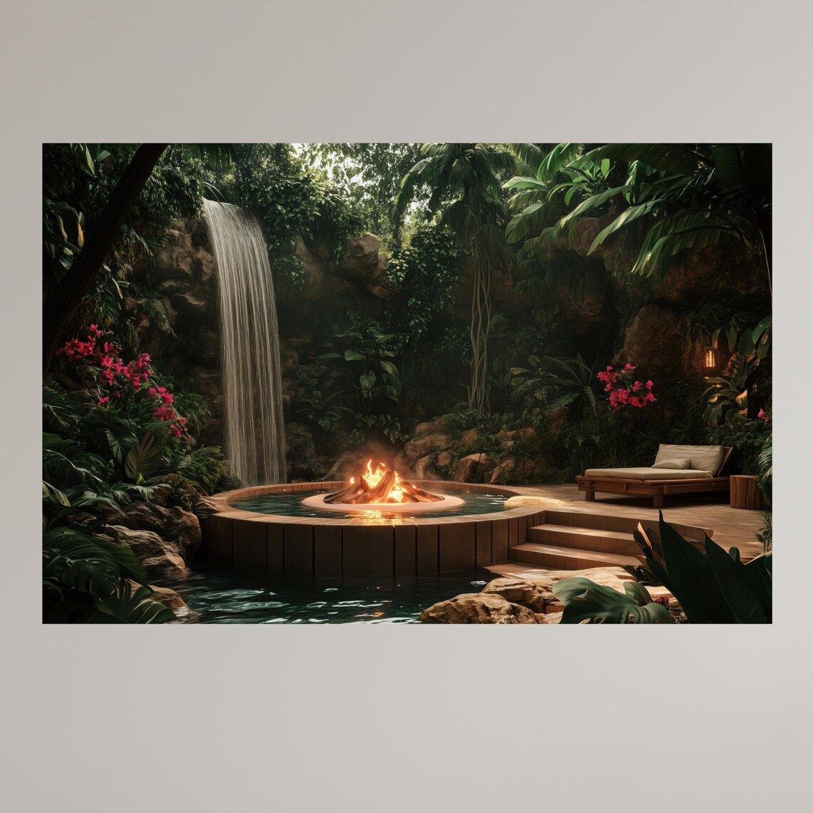 Tropical Waterfall Pool With Fire Pit Jungle Oasis Wall Art Relaxing Nature Retreat Decor For Home Or Spa