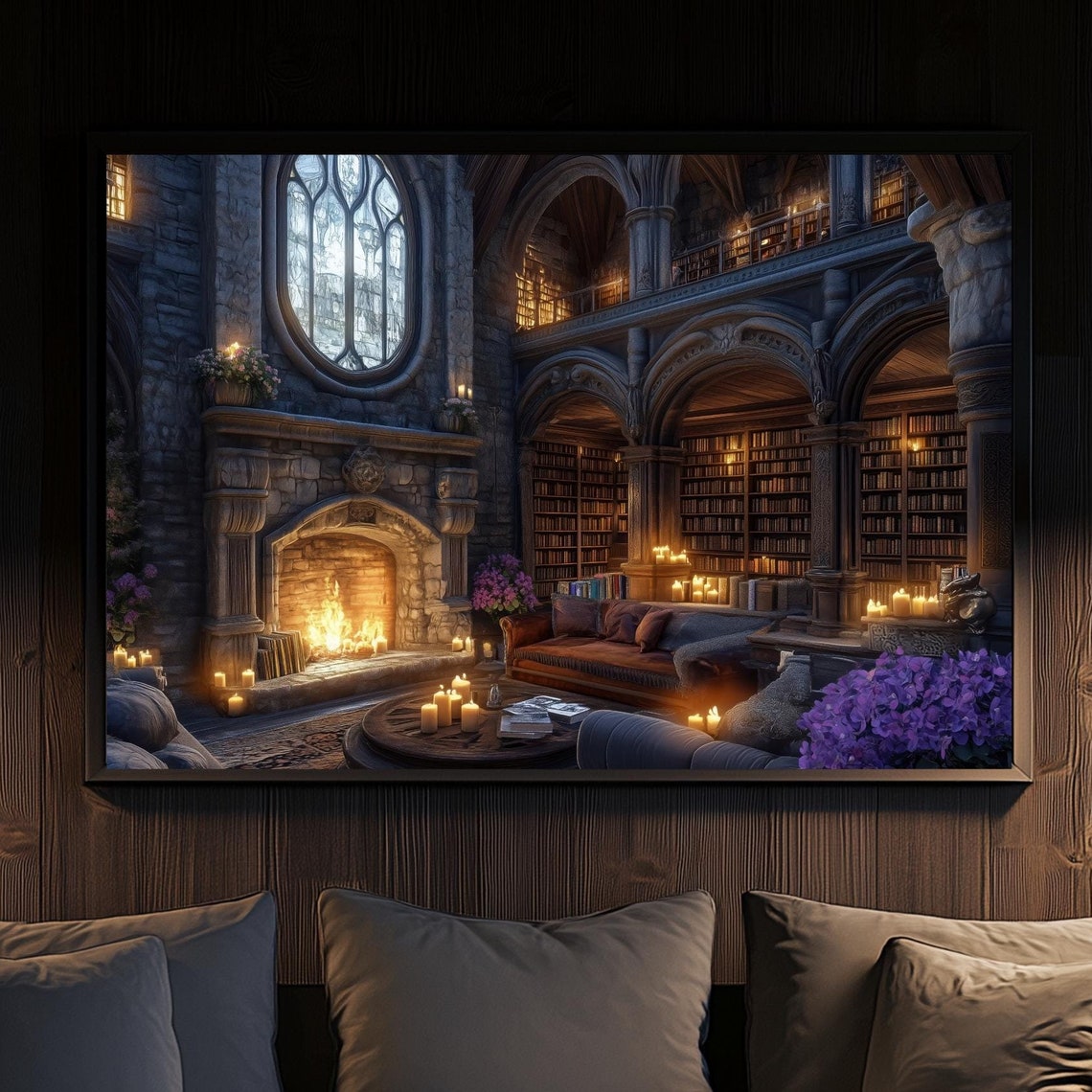 Gothic Candlelit Library Stone Fireplace Grand Reading Room Poster