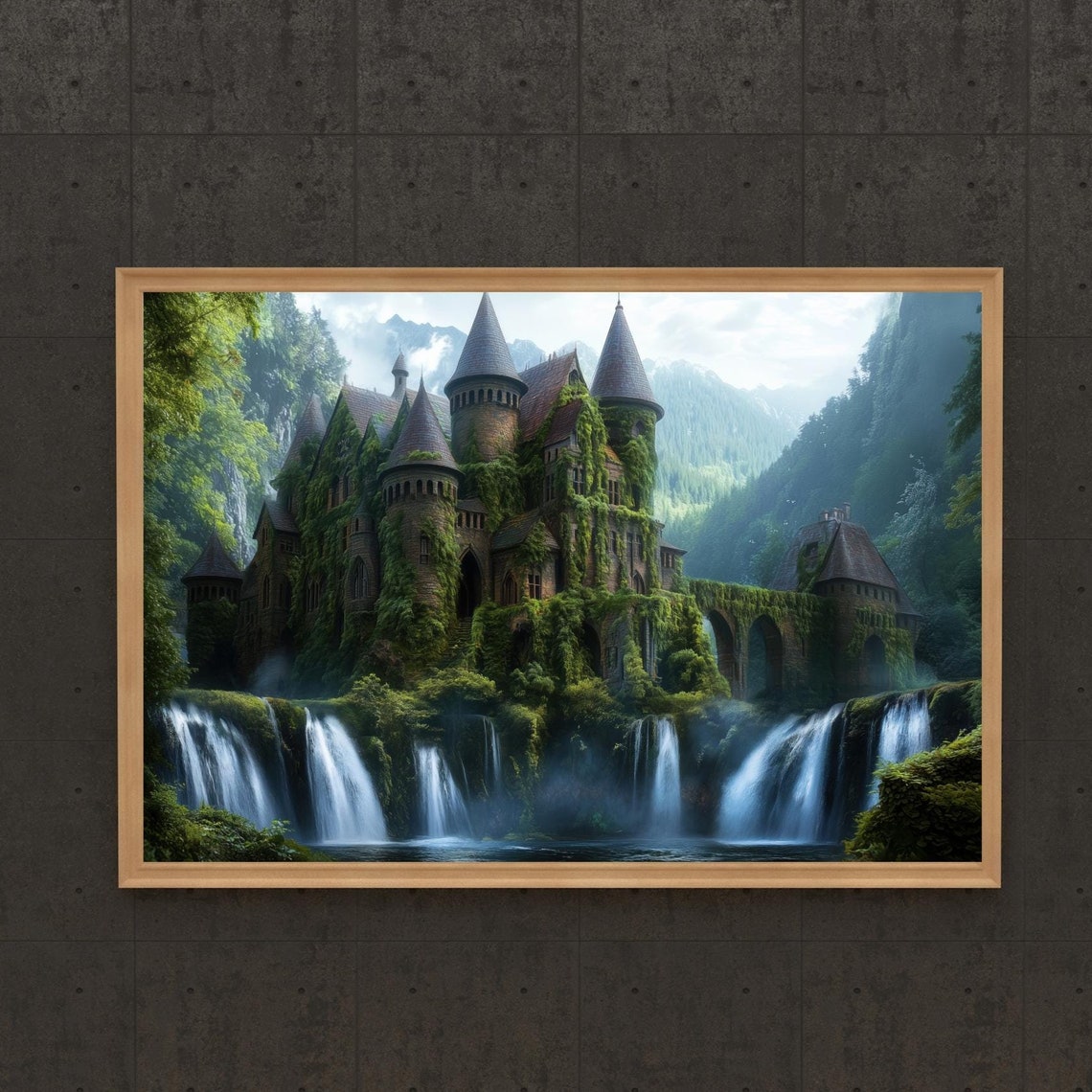 Enchanted Gothic Castle Waterfall Cliffside Arched Bridge Poster