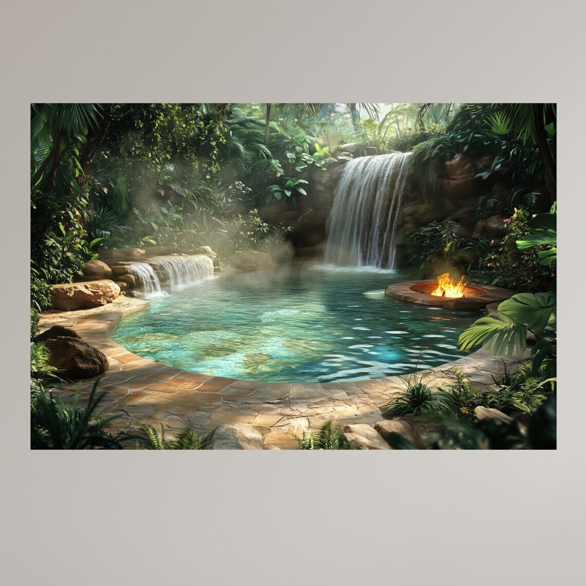 Tropical Waterfall Lagoon Fire Bowl Island Misty Jungle Escape Poster
