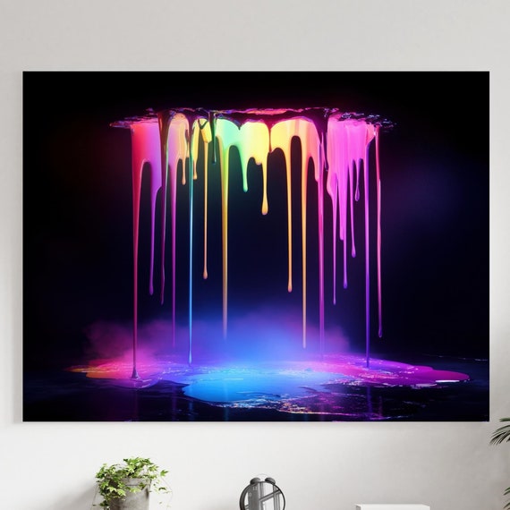 Colorful Dripping Paint Art Print Neon Rainbow Abstract Wall Art Psychedelic Decor Vibrant Fluid Art
