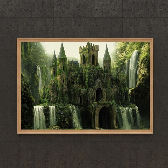 Ancient Castle Waterfall Art Mossy Gothic Spires Twin Towers Poster