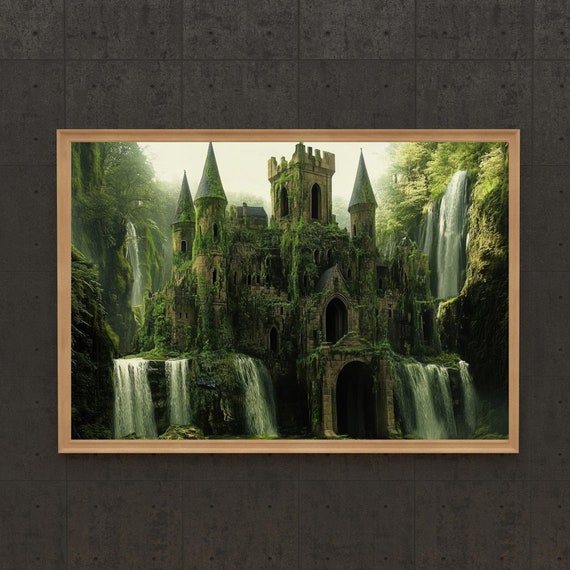 Ancient Castle Waterfall Art Print Enchanted Forest Fantasy Wall Art Mystical Gothic Landscape Decor Fairytale