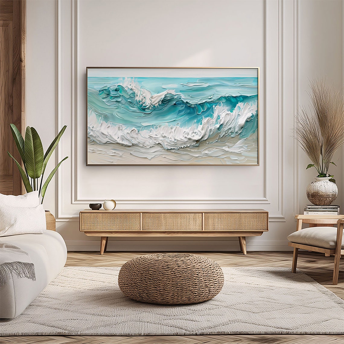 Turquoise Tide Foam Waves Impasto Coastal Beach Painting Poster - Image 5