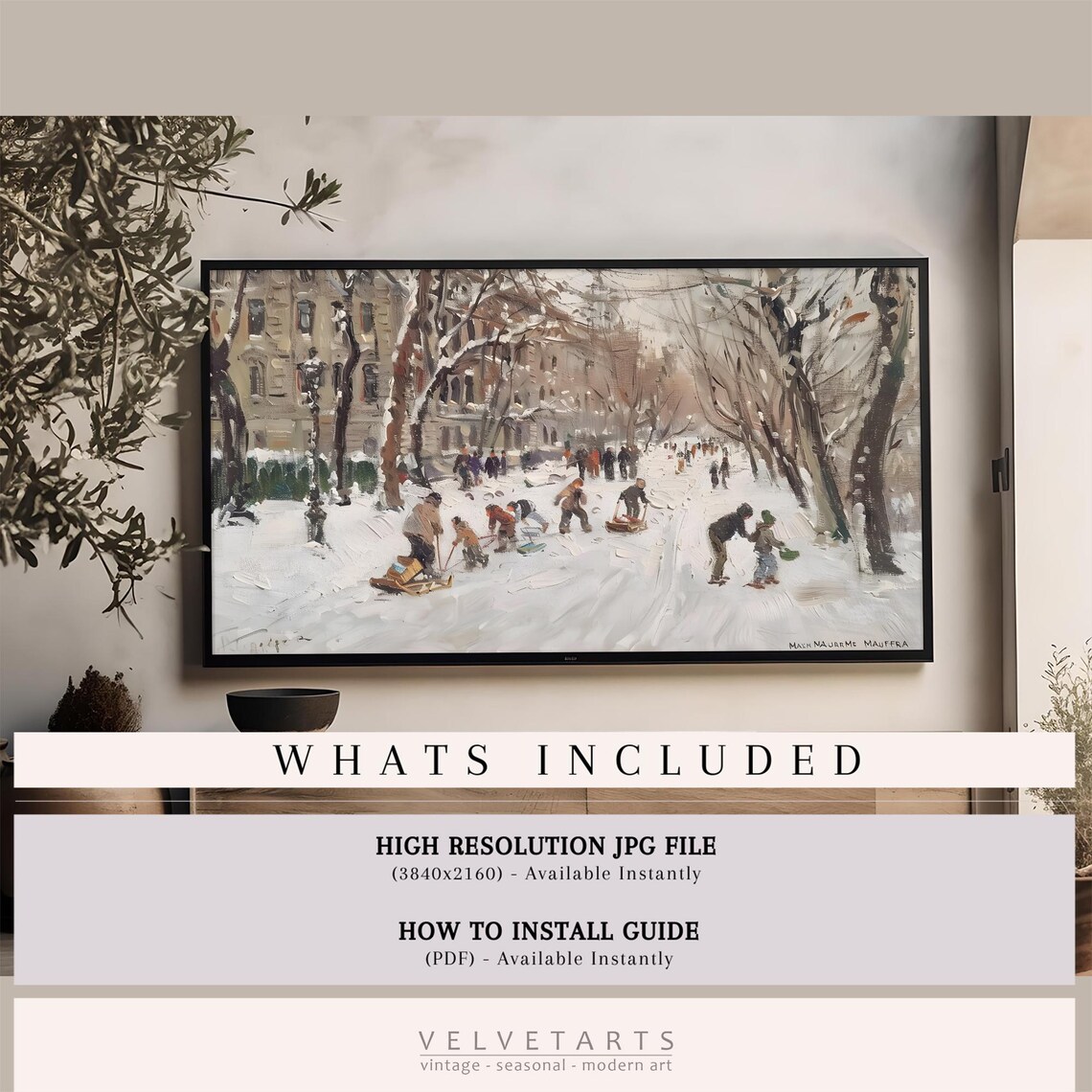 Families Sledding in a Snowy Park Vintage Winter Painting Poster