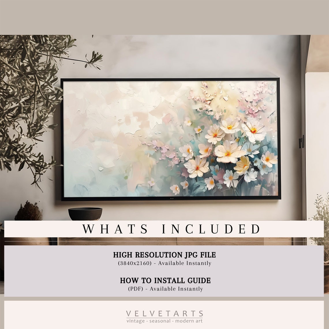 Spring White Cosmos Blossom Floral Impasto Painting Airy Wall Art - Image 4