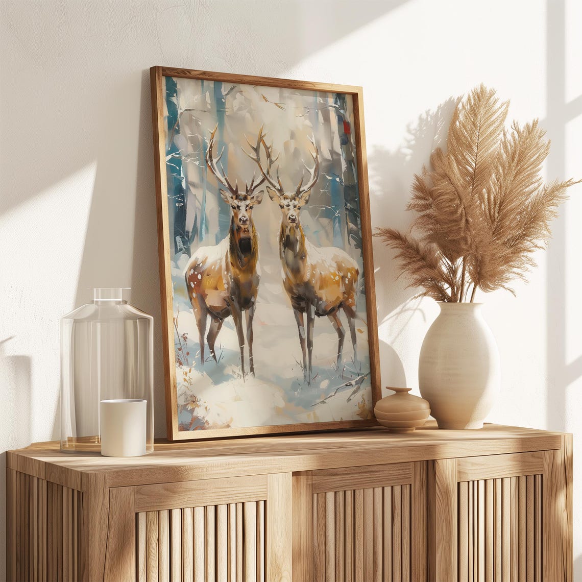 Two Stags Standing in a Misty Snowy Forest Vintage Art Poster - Image 3