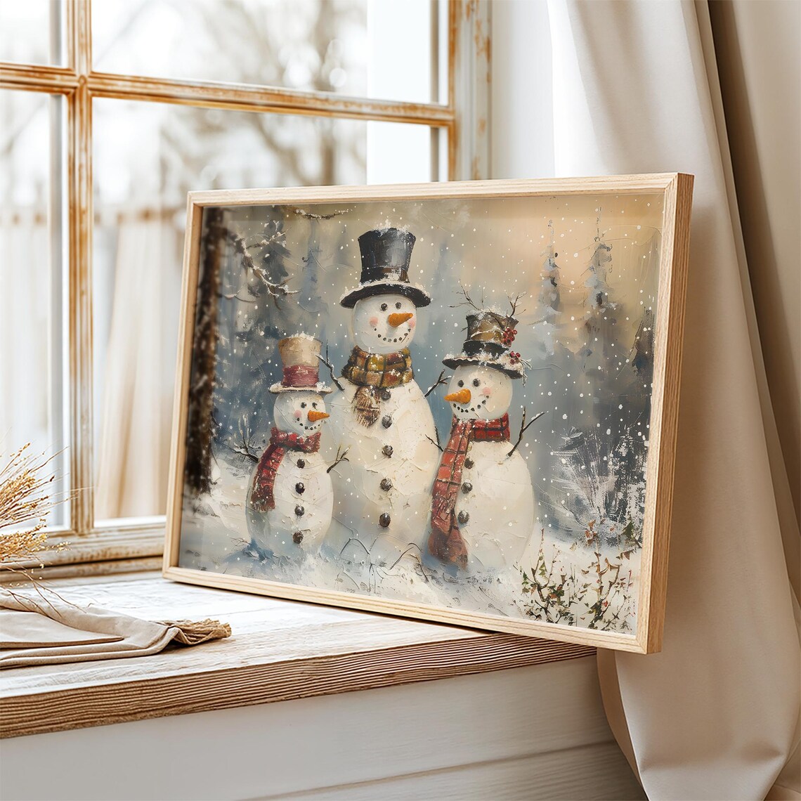 Snowman Trio With Top Hats And Plaid Scarves Christmas Wall Art - Image 2