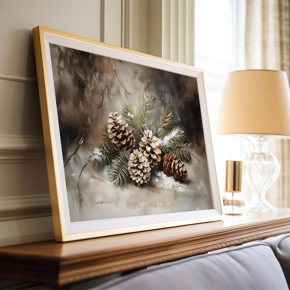 Frosted Pinecones Evergreen Branches Neutral Winter Wall Art Poster - Image 4