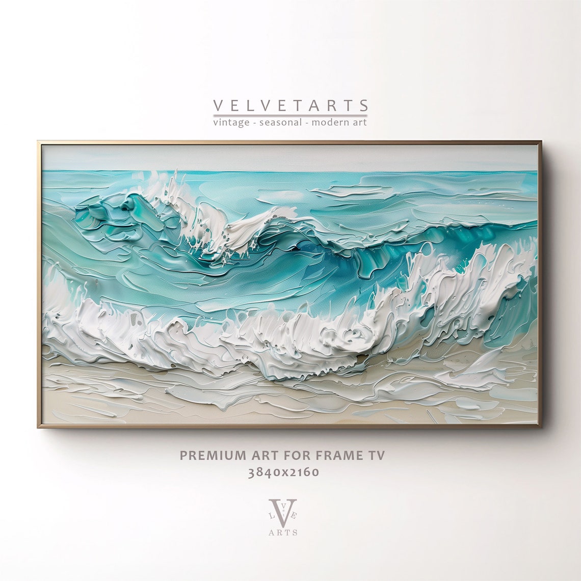 Turquoise Tide Foam Waves Impasto Coastal Beach Painting Poster